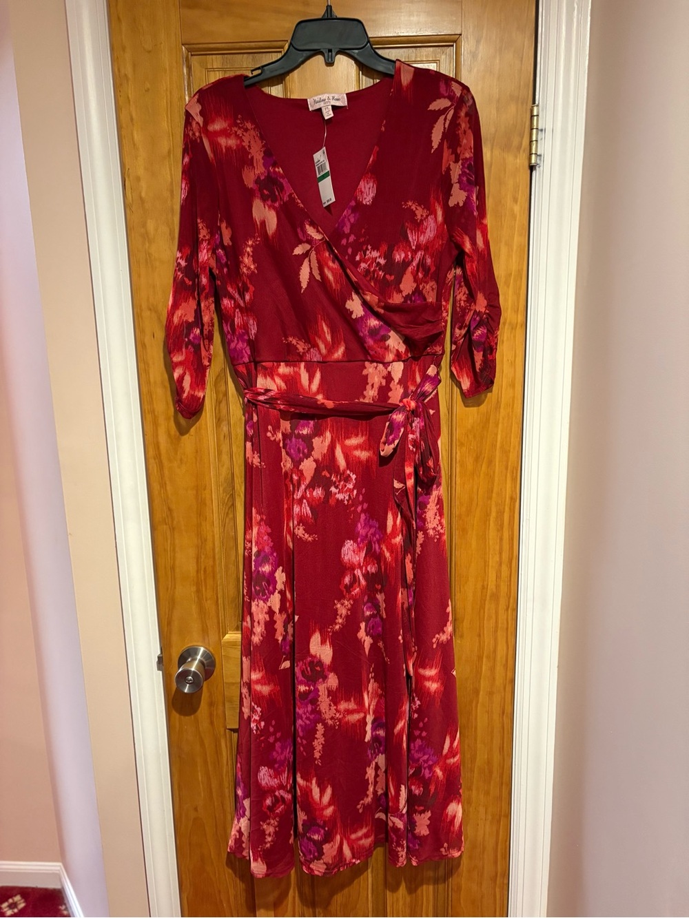 Floral Red Wrap Midi Dress with Tie Waist